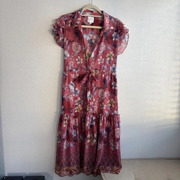 MISA Los Angeles Violette Pink Midi Floral Ruffle Dress - Size XS